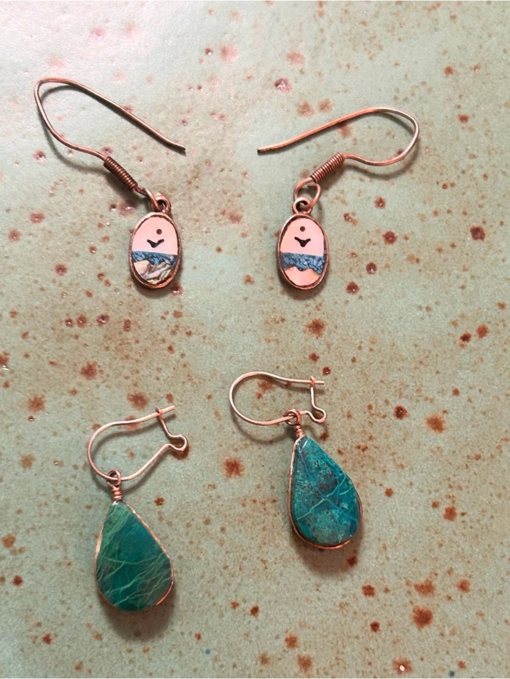 Artisan Earth/Sky Earring Set: Vintage Mexican Enamel & "Dragon Green" Teardrops